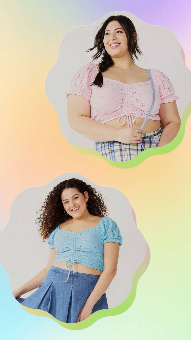 Set of 2 SO Juniors' Plus Size 1X Cinched Front Puff Sleeve Tops in Pink & Blue